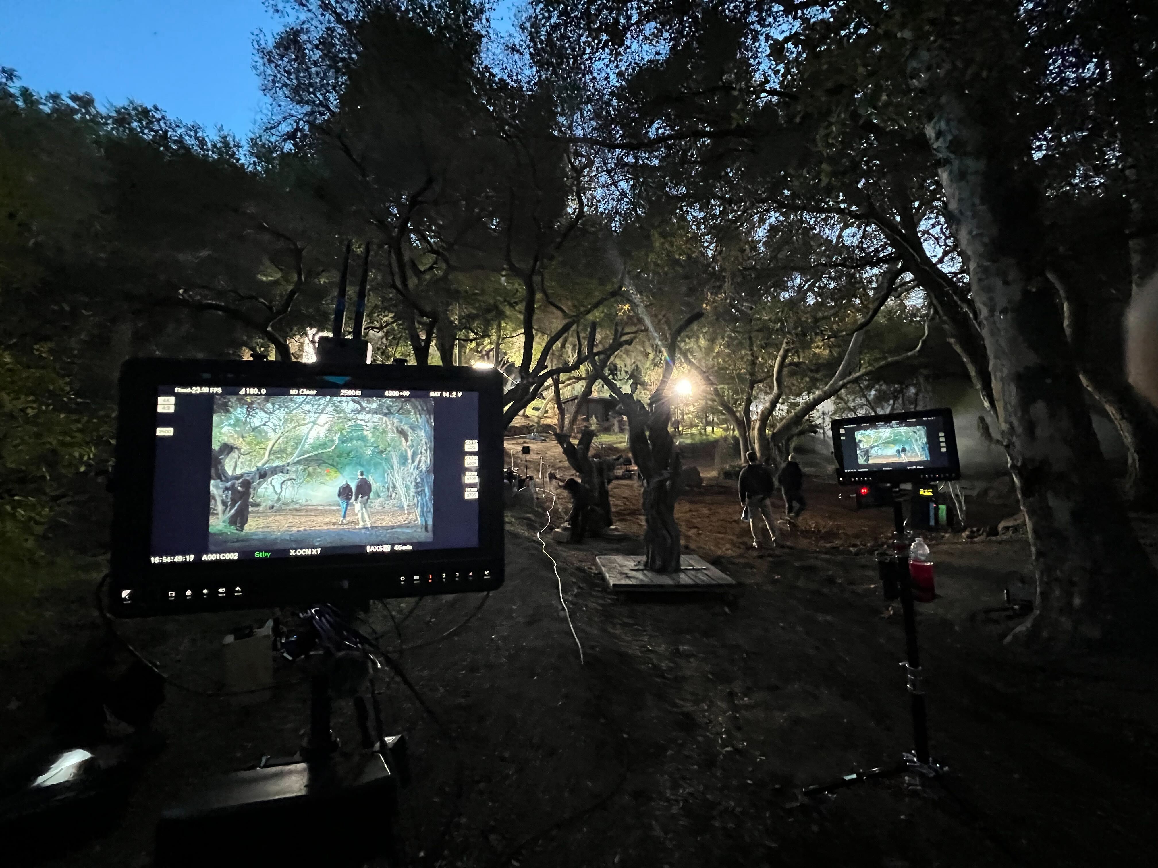 Two production monitors showing the scene being framed on the forest location