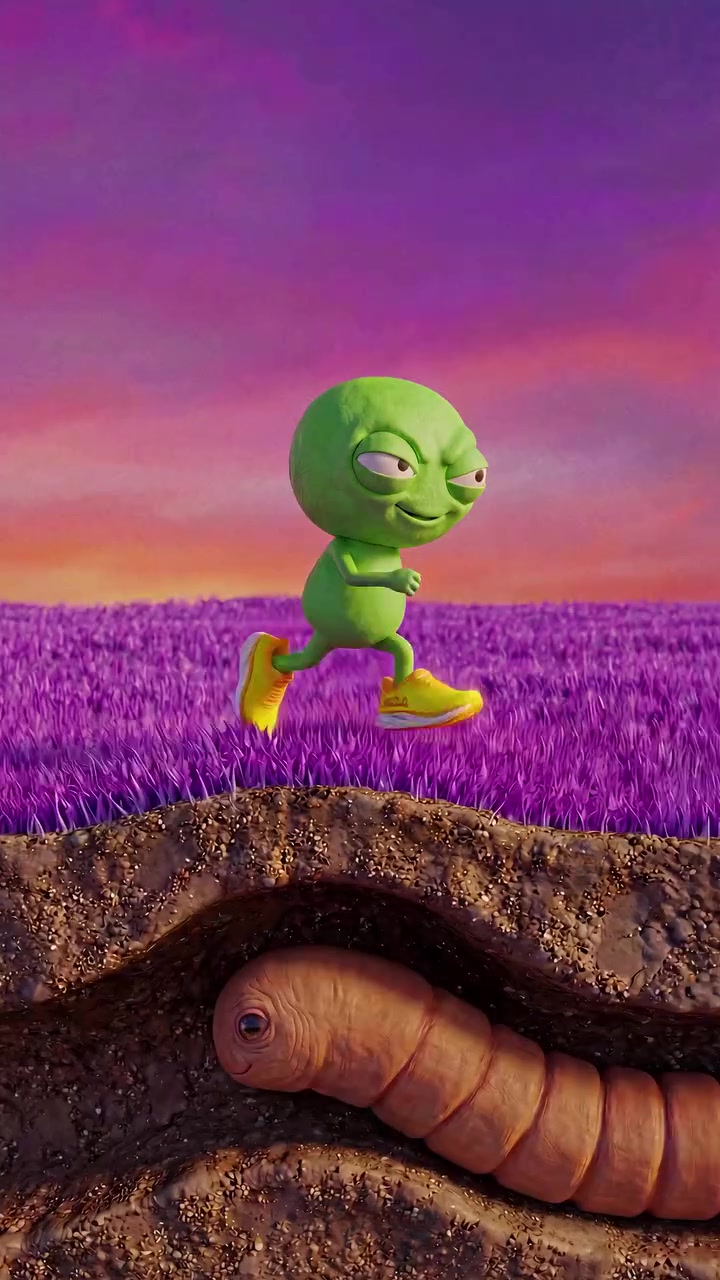 An animated runner above the surface of a purple alien world
