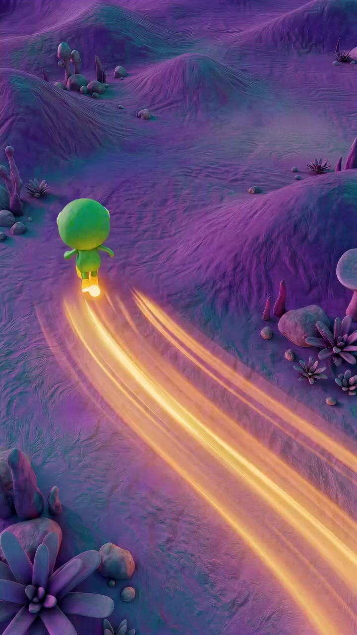 An overhead view of the runner leaving a golden trail through a purple alien valley