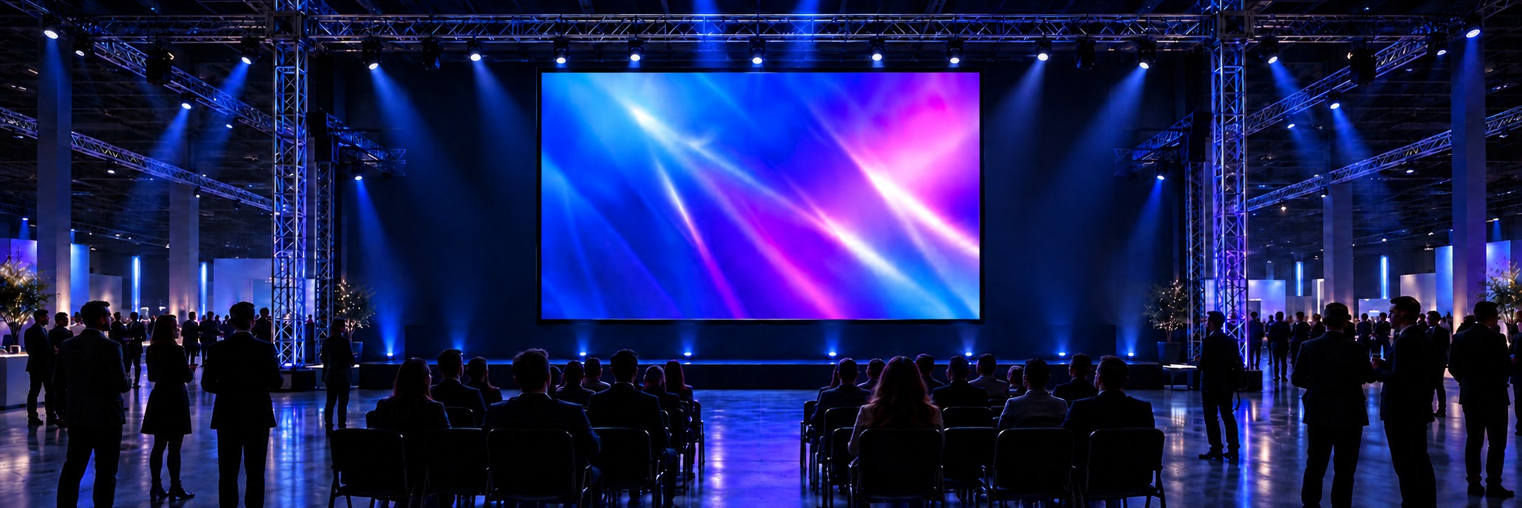 Panoramic illustration of a trade-show presentation with one huge 16:9 cinematic screen