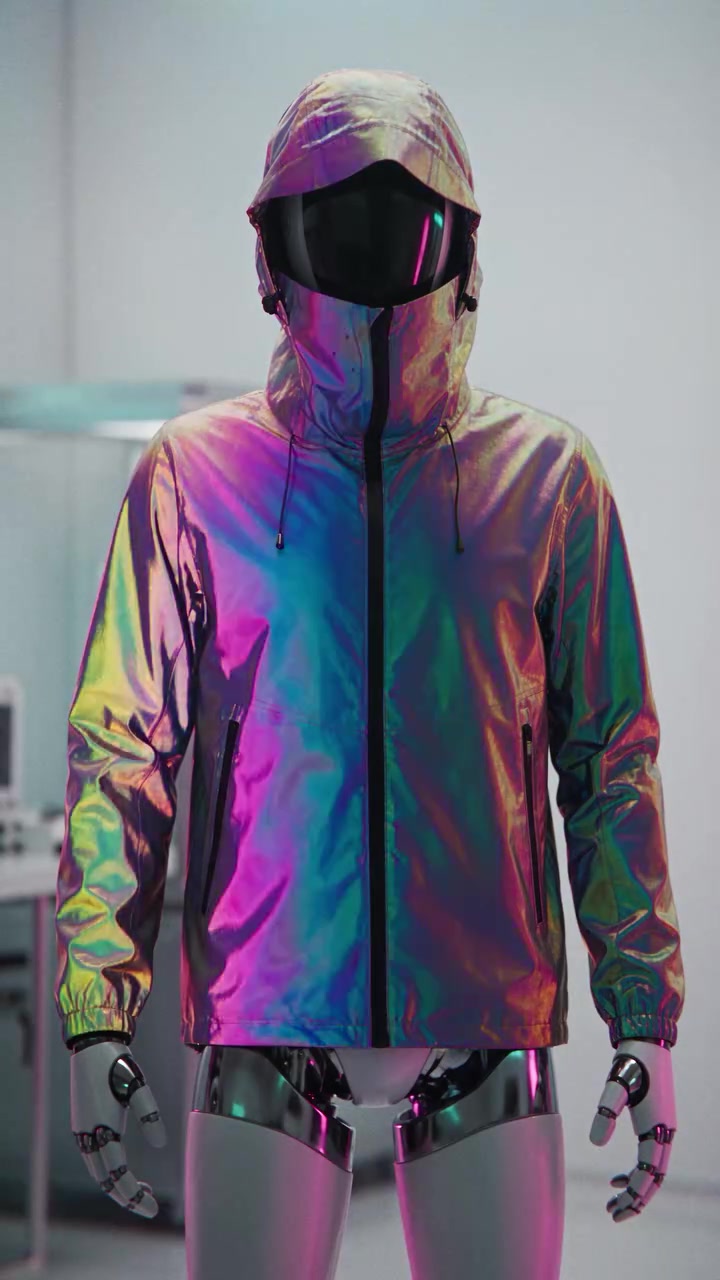 A figure wearing a futuristic jacket