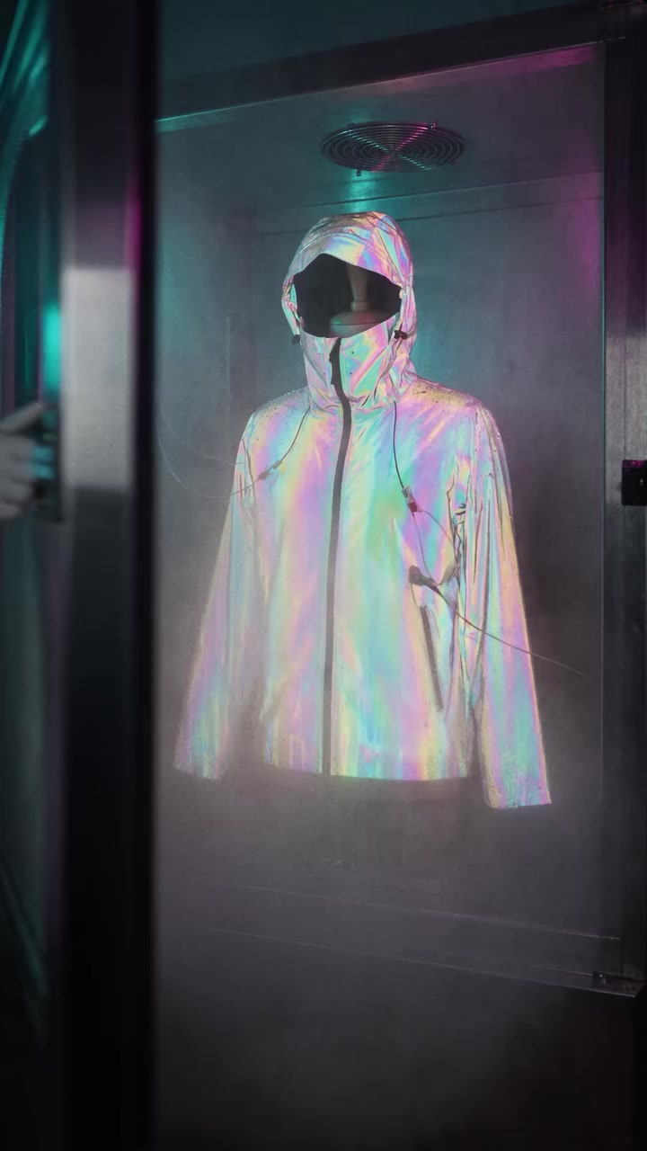 An iridescent jacket suspended inside a laboratory chamber